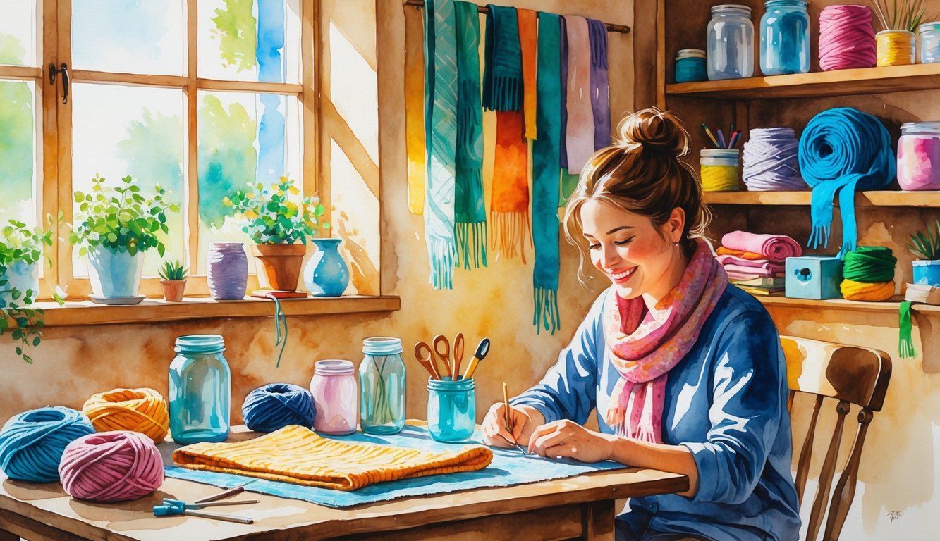 A person sitting at a wooden table crafting handmade items surrounded by yarn, fabric, and plants in a cozy room.