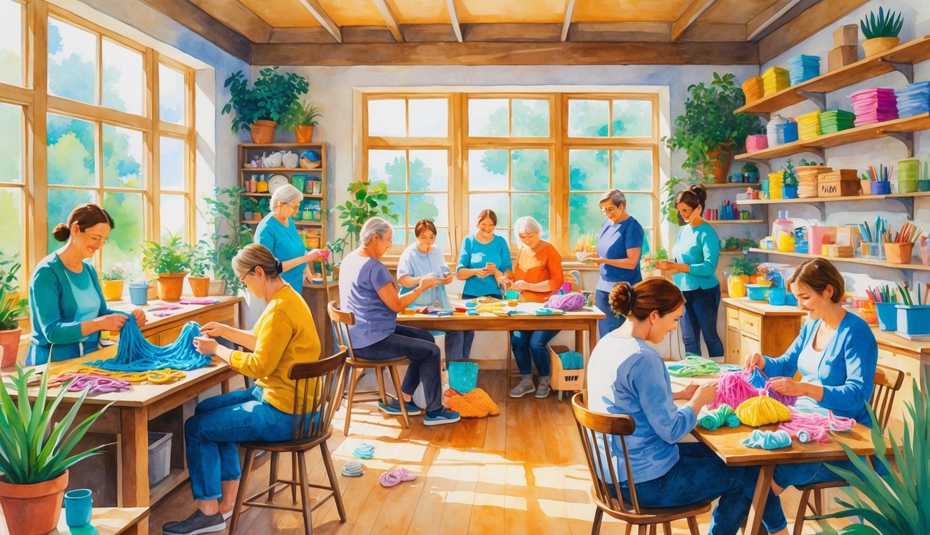 A group of adults working together on various craft projects in a bright, cozy room filled with craft supplies and natural light.