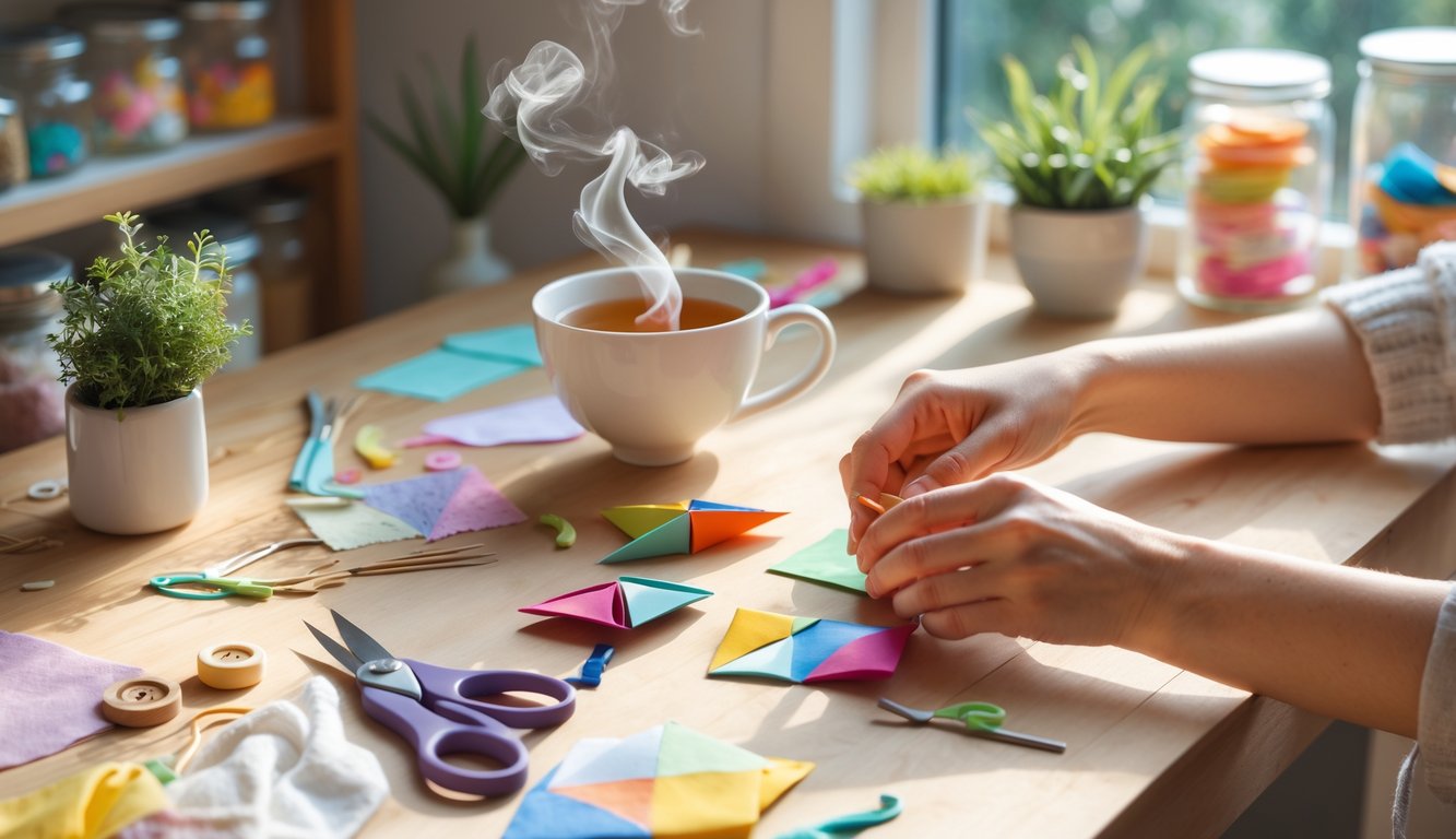 A cozy home workspace with hands making small crafts on a wooden table surrounded by craft materials, a cup of tea, and a potted plant near a sunlit window.