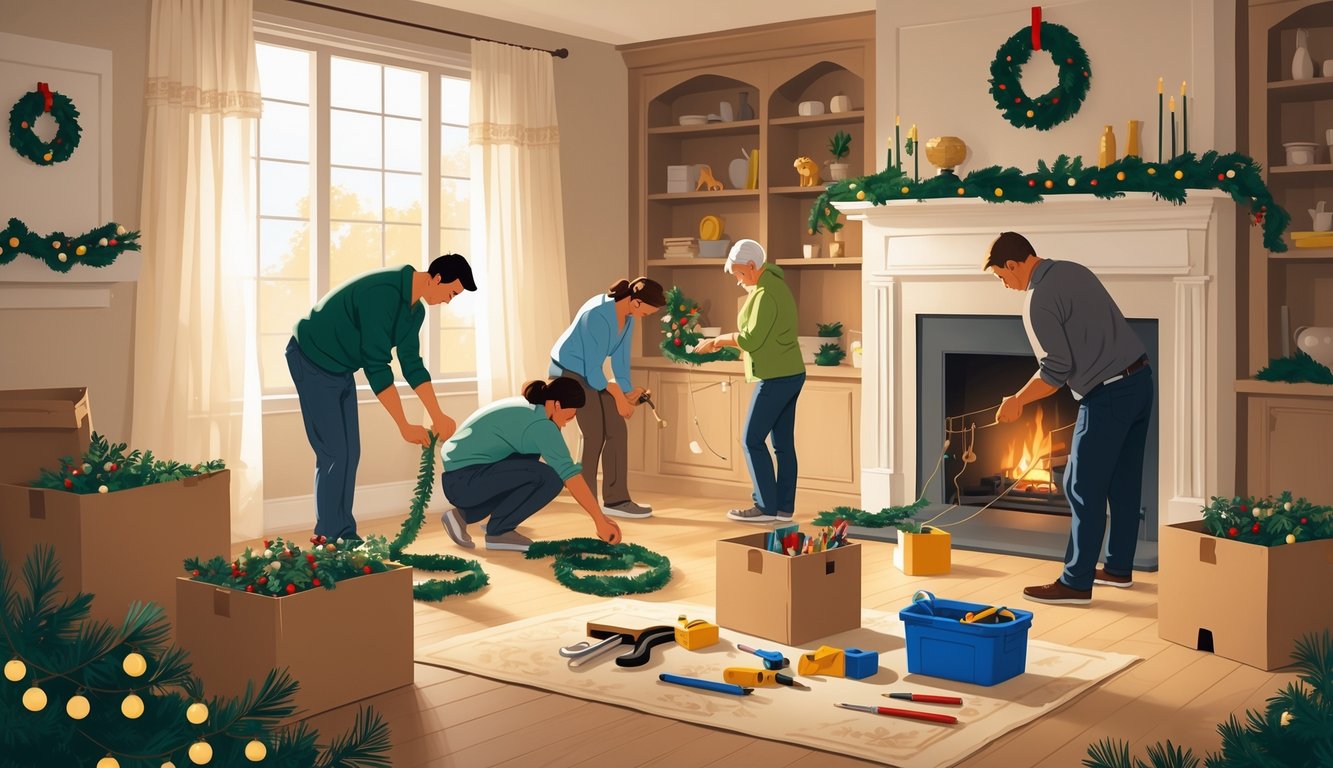 People packing away holiday decorations and preparing everyday tools for home projects in a living room.