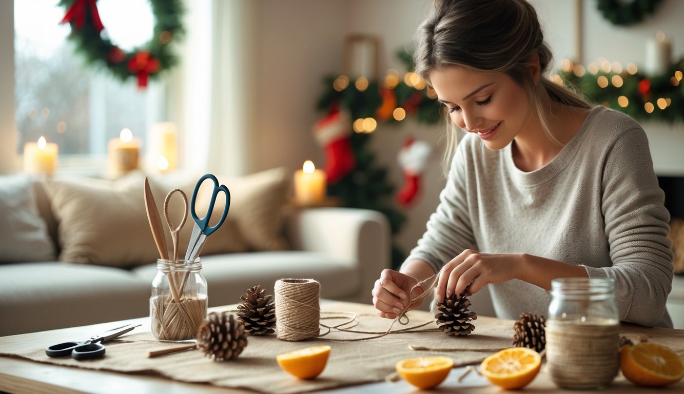 A person quietly making Christmas decorations at home using everyday household items on a table with festive holiday decorations in the background.