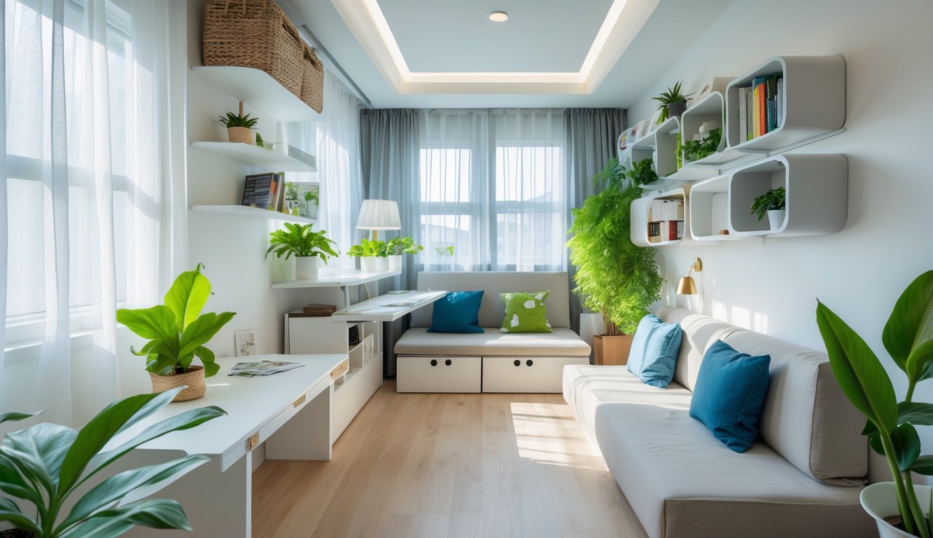 A small, bright living room with multifunctional furniture, plants, and creative storage solutions.
