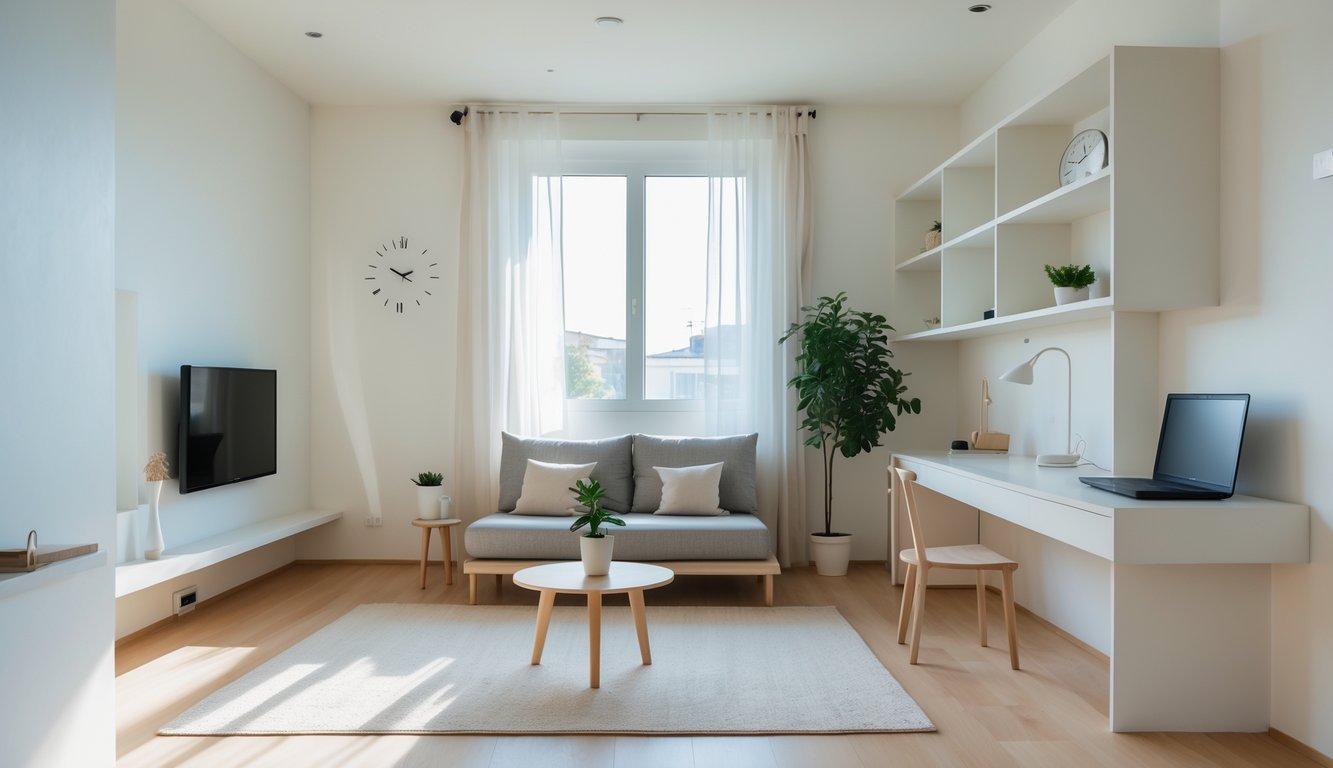A small, bright living room with minimalist furniture, natural light, and organized shelves.