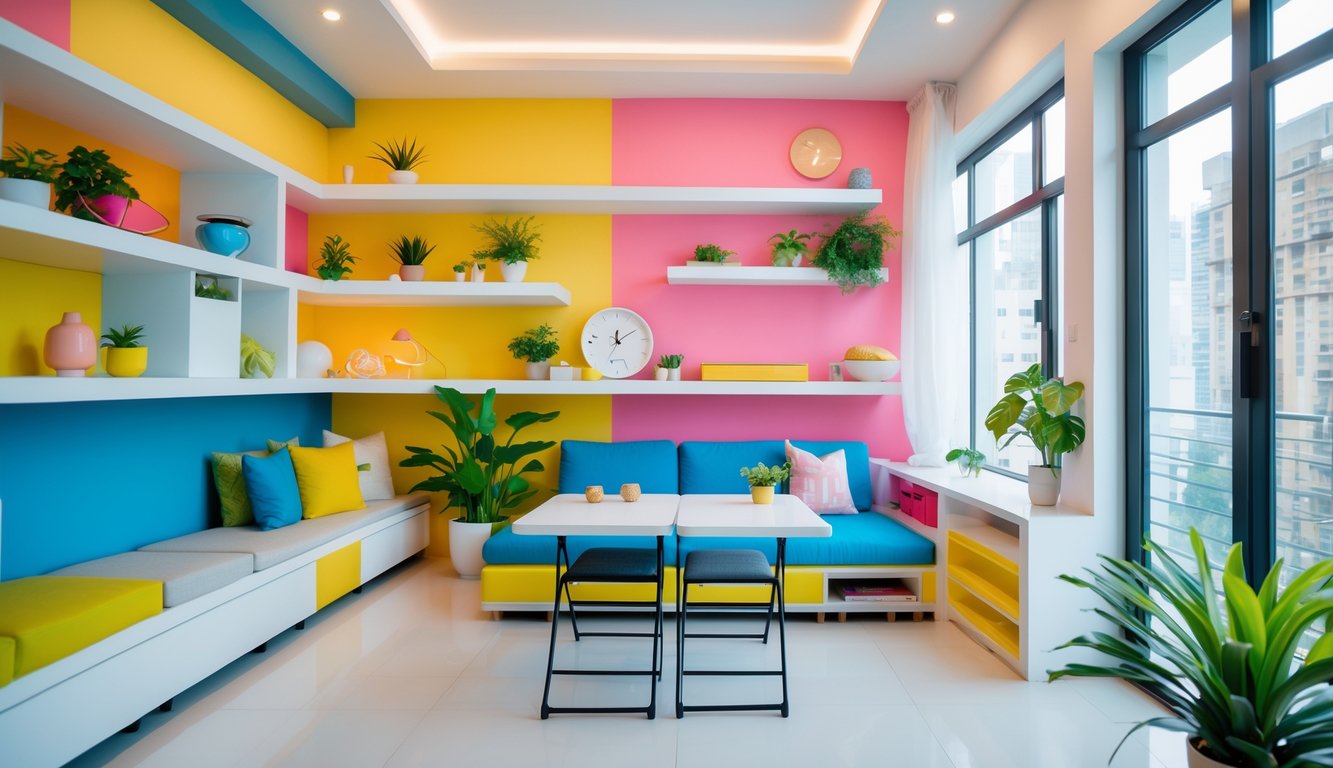 A bright small living room with bold colors, multi-functional furniture, built-in shelves, and natural light coming through large windows.