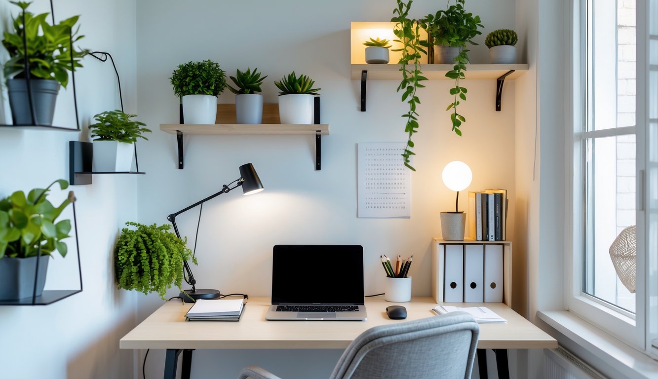 A small home office with a desk, laptop, desk lamp, wall shelves with plants and books, and natural light coming through a window.