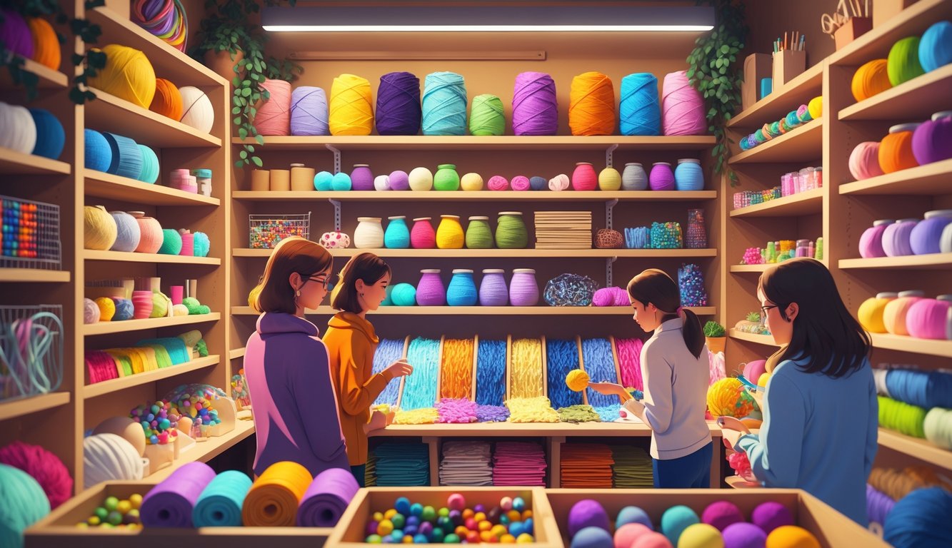 A craft store interior with shelves of colorful materials and crafters examining supplies thoughtfully.