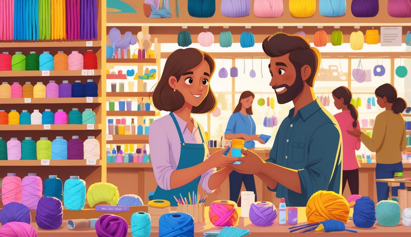 A craft supply store where a retailer and a crafter exchange materials while other shoppers browse shelves filled with colorful craft items.