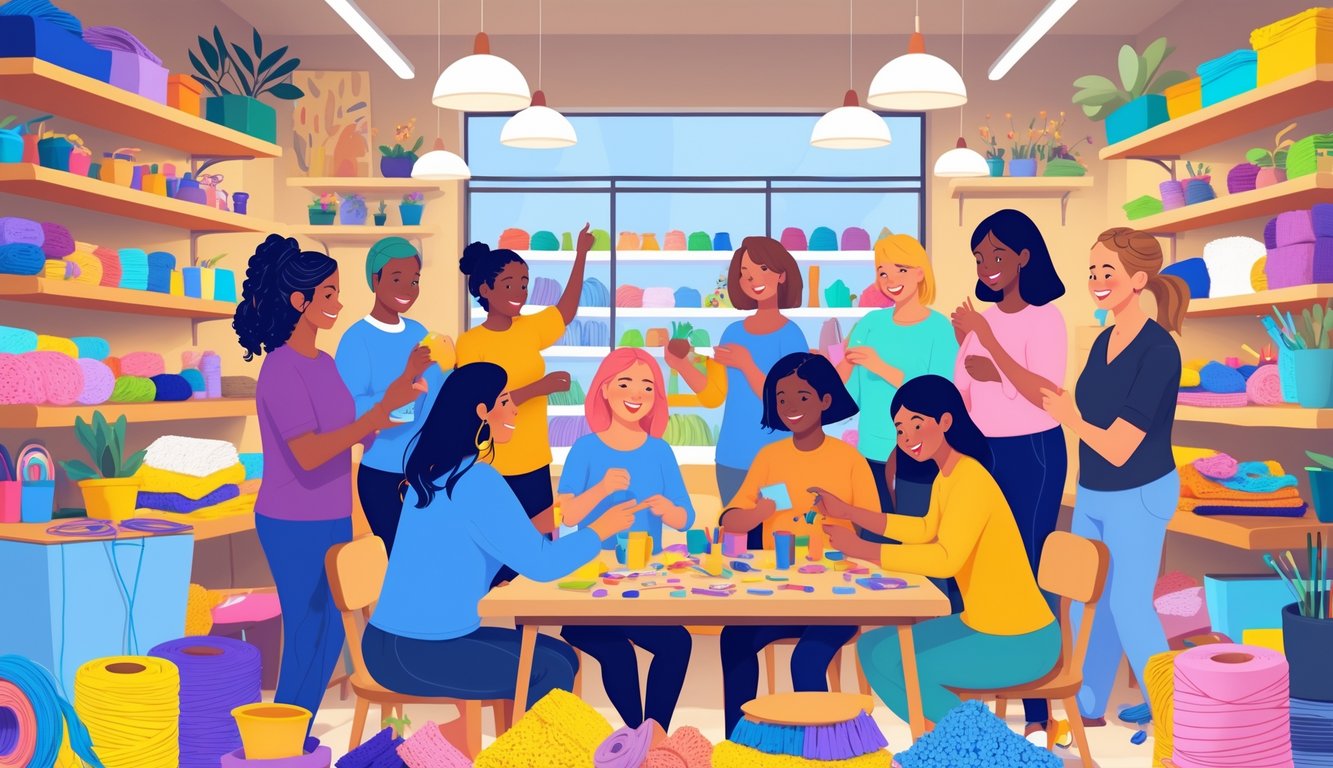 A diverse group of people gathered in a cozy workshop exchanging crafting materials and working on DIY projects together.