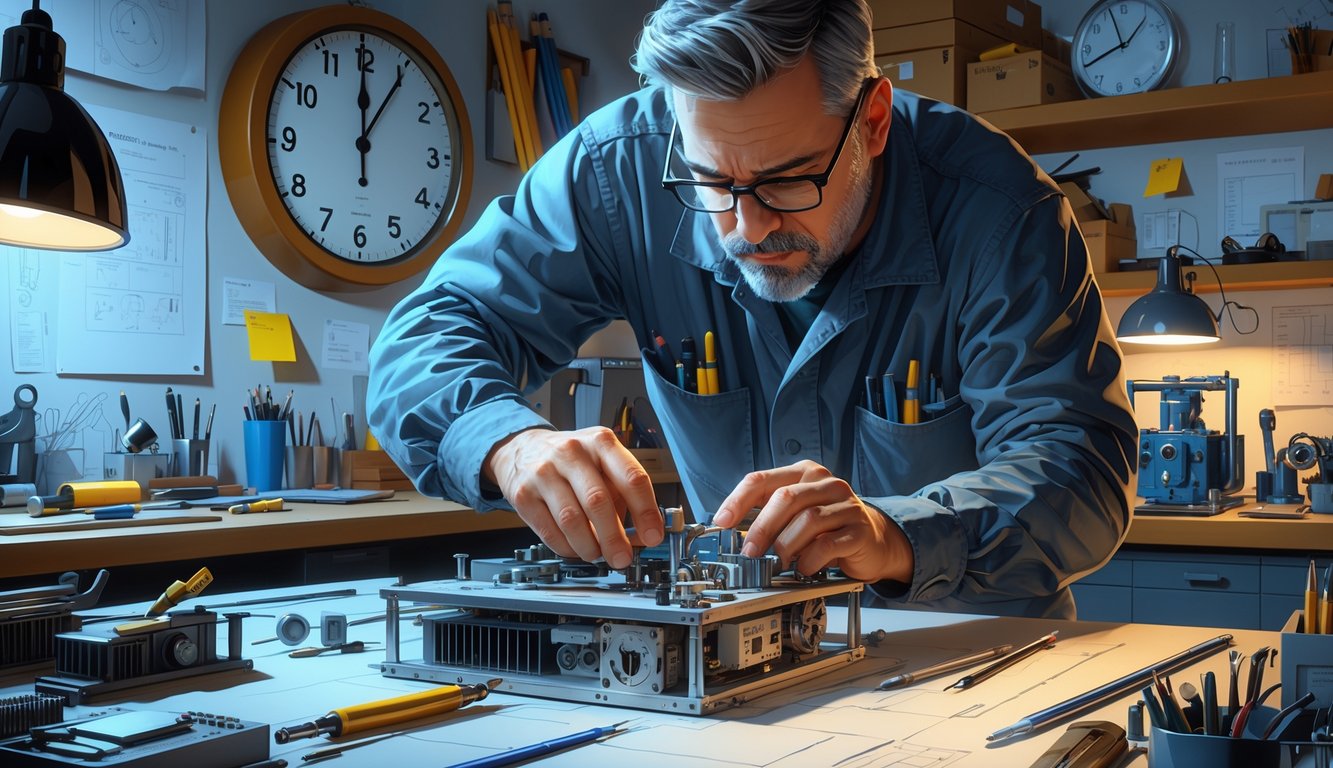 A focused craftsman working on a complex device in a workshop filled with tools and blueprints, with a clock showing late hours.
