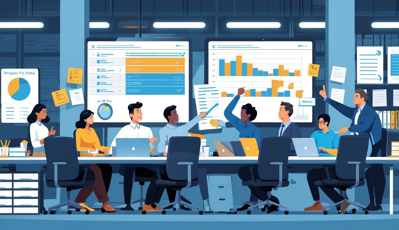 A group of project managers and makers working together in a busy office, focusing on screens and laptops to meet tight deadlines.