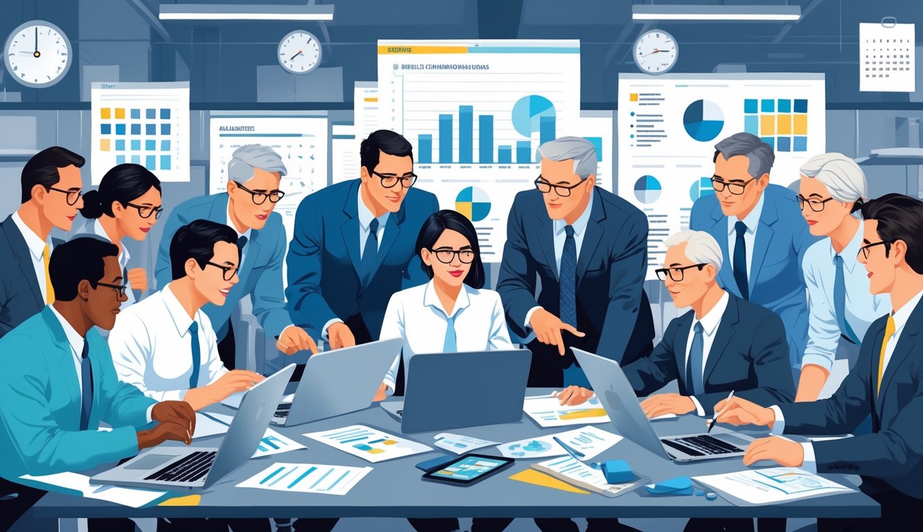 A group of professionals collaborating around a table with laptops and documents in a busy office setting under tight deadlines.