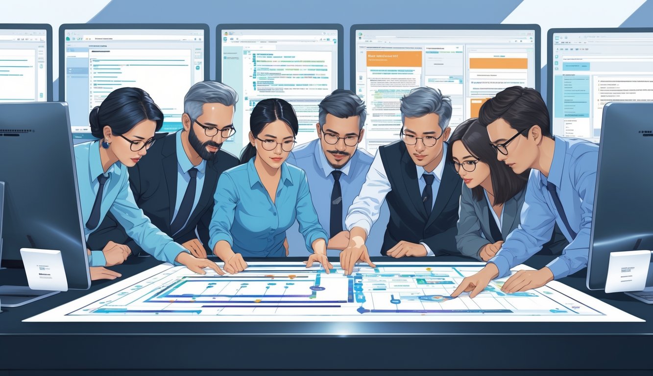 A group of professionals working together around a digital table with workflow diagrams and automation tools, focused on meeting tight deadlines.