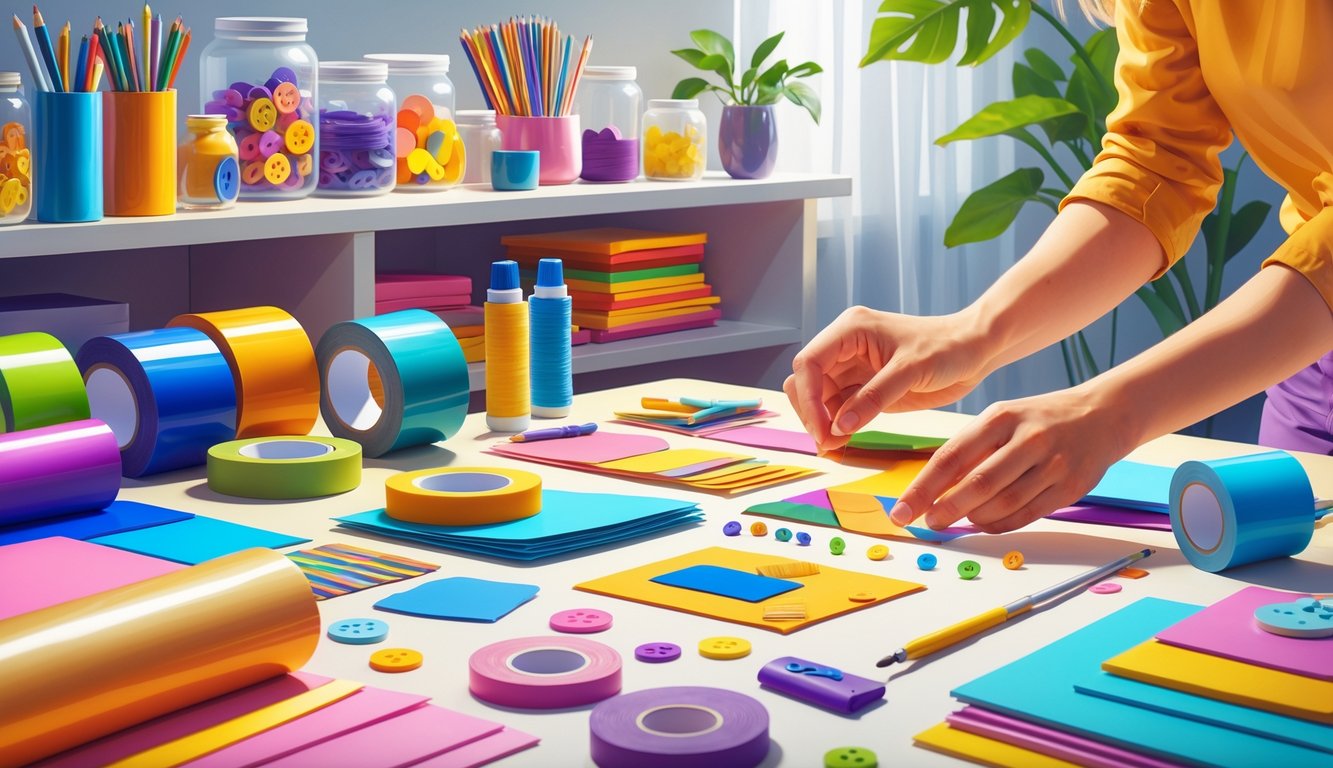 A creative workspace with various craft materials and hands assembling a quick DIY project.