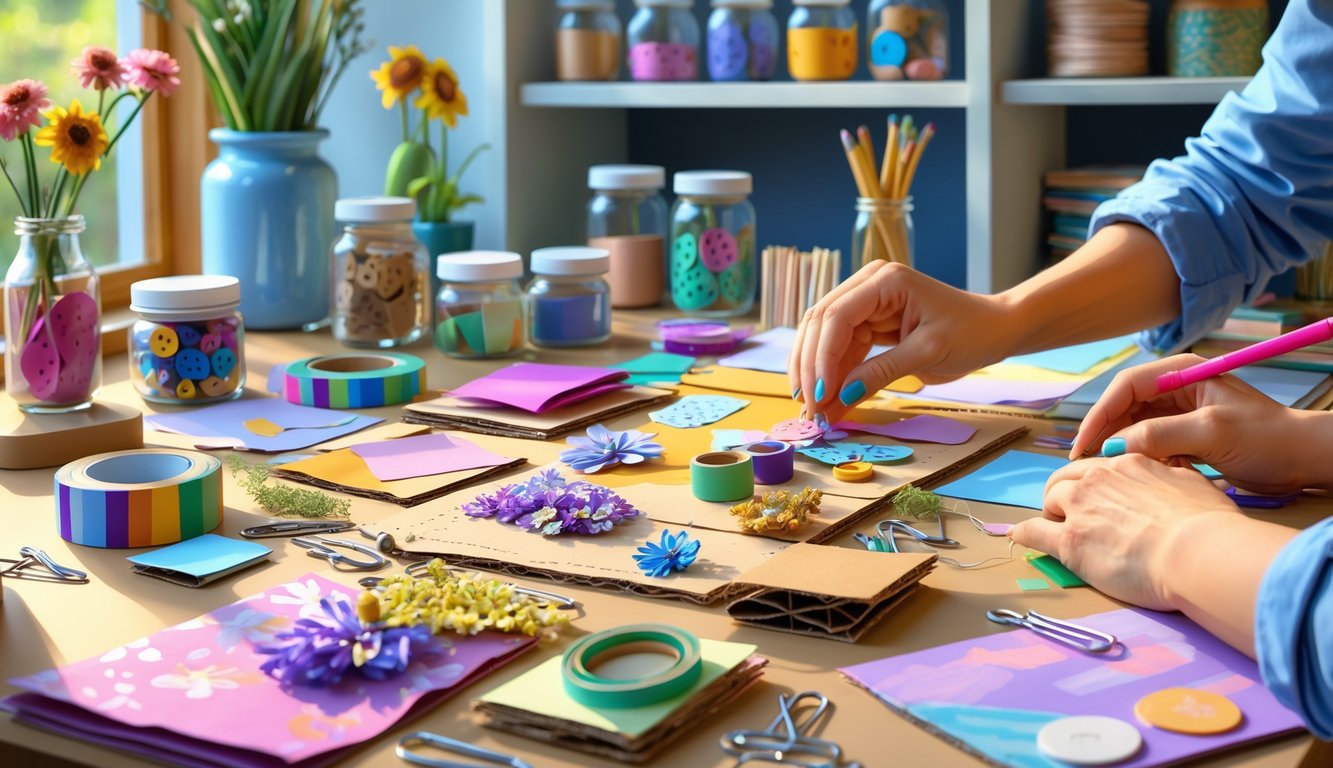A creative workspace with hands assembling a small craft project using various unexpected materials like washi tape, cardboard, fabric scraps, and dried flowers on a well-organized table.