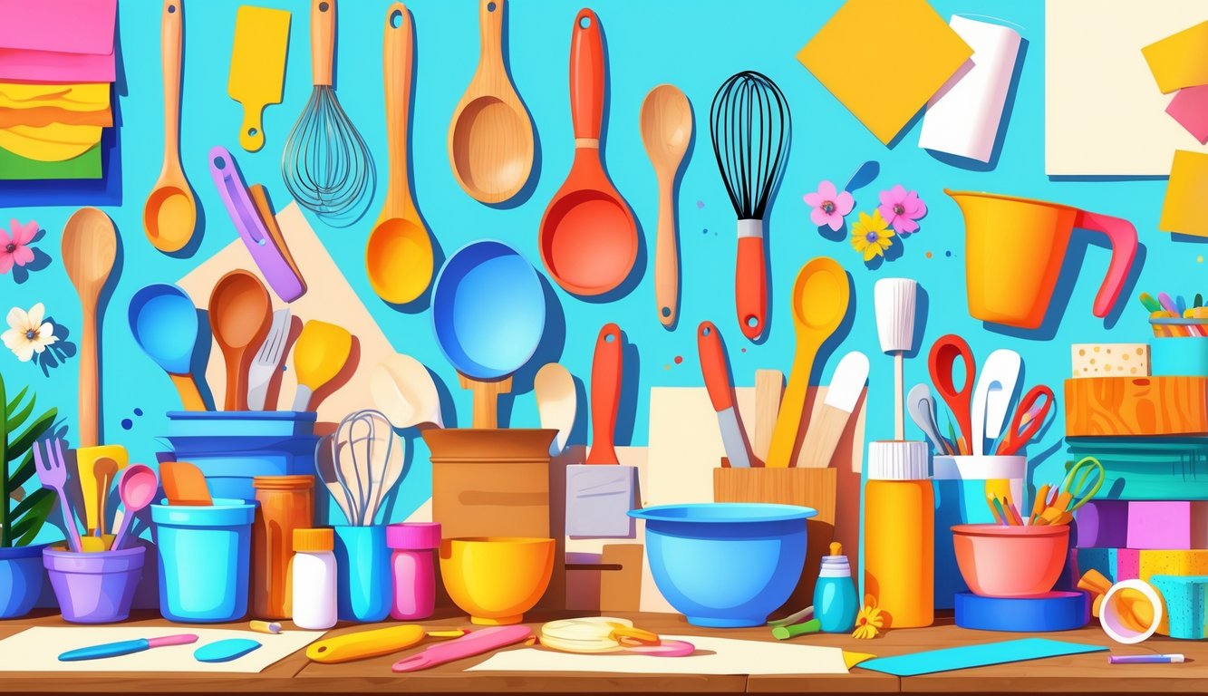 A workspace with kitchen items like spoons, spatulas, and rolling pins being used as craft tools alongside colorful materials on a wooden table.