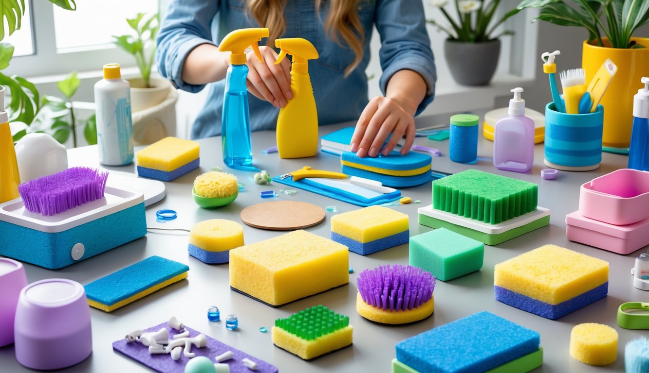 A workspace with cleaning products being used as materials for fast and creative craft projects, showing hands assembling various DIY items.